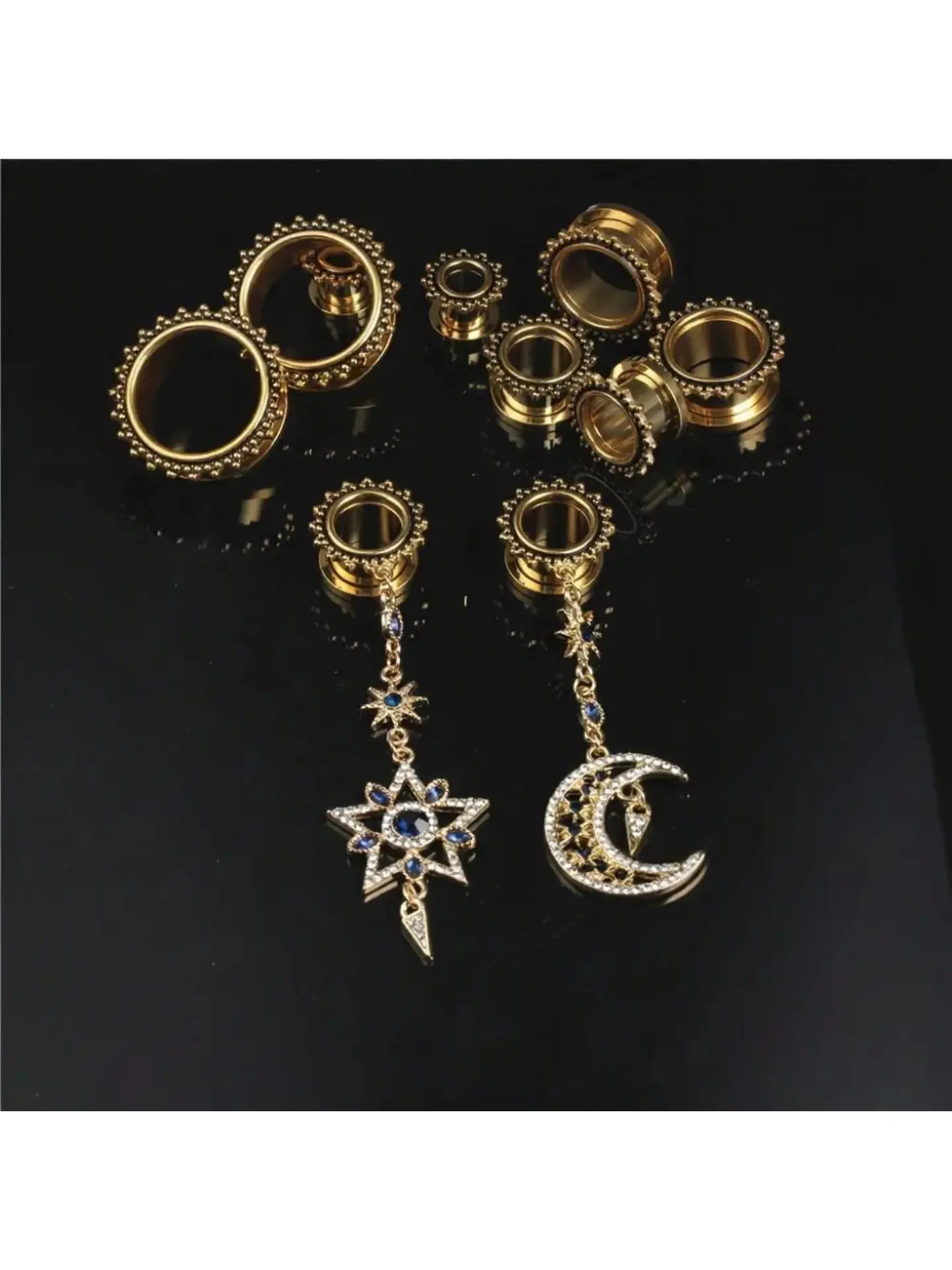 Celestial Dangle Tunnel Earrings – Sun, Moon & Star Design