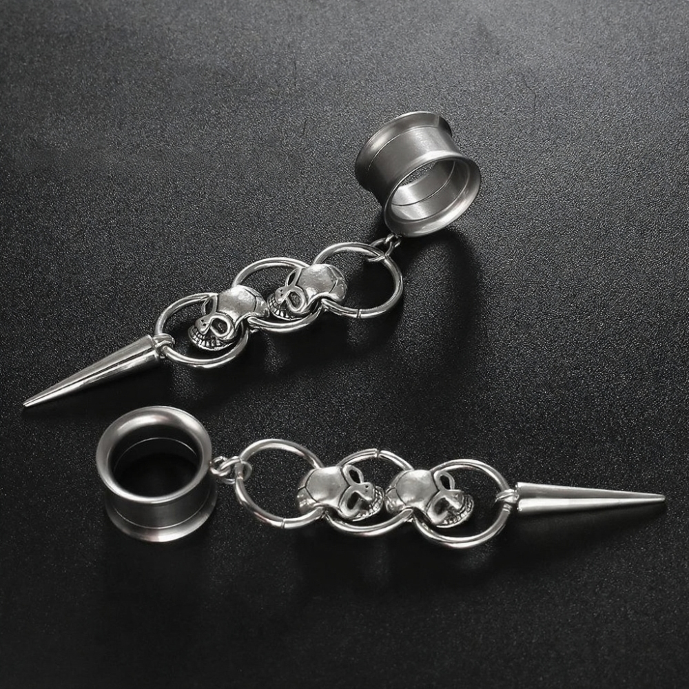 🖤 Triple Skull Spike Dangle Ear Tunnel Earrings