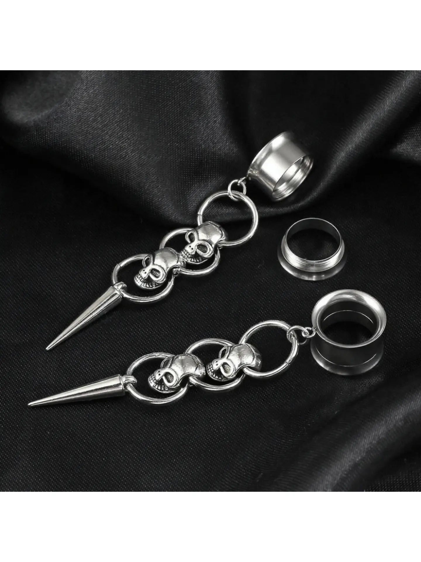 Triple Skull Spike Dangle Ear Tunnel Earrings