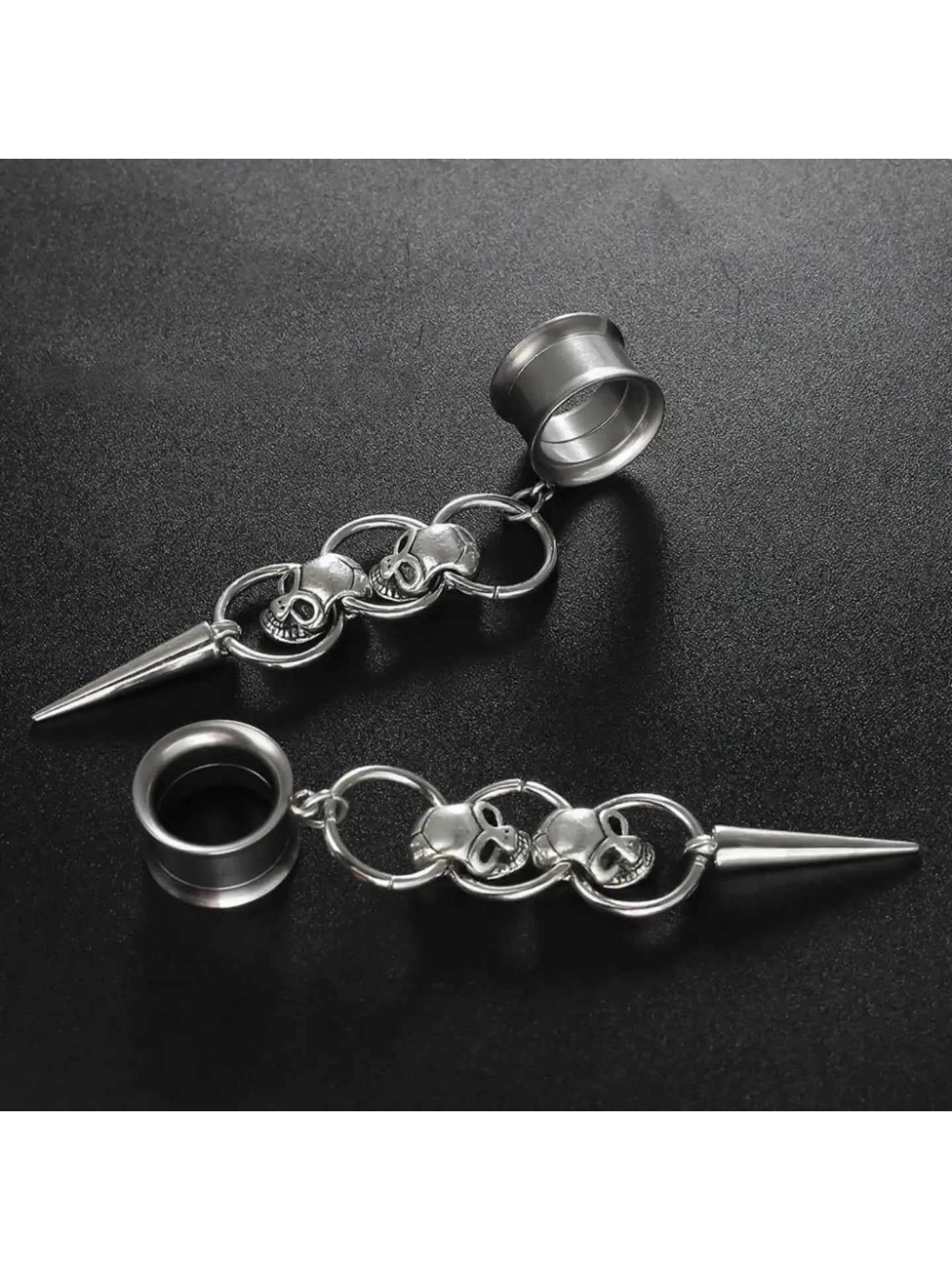 Triple Skull Spike Dangle Ear Tunnel Earrings