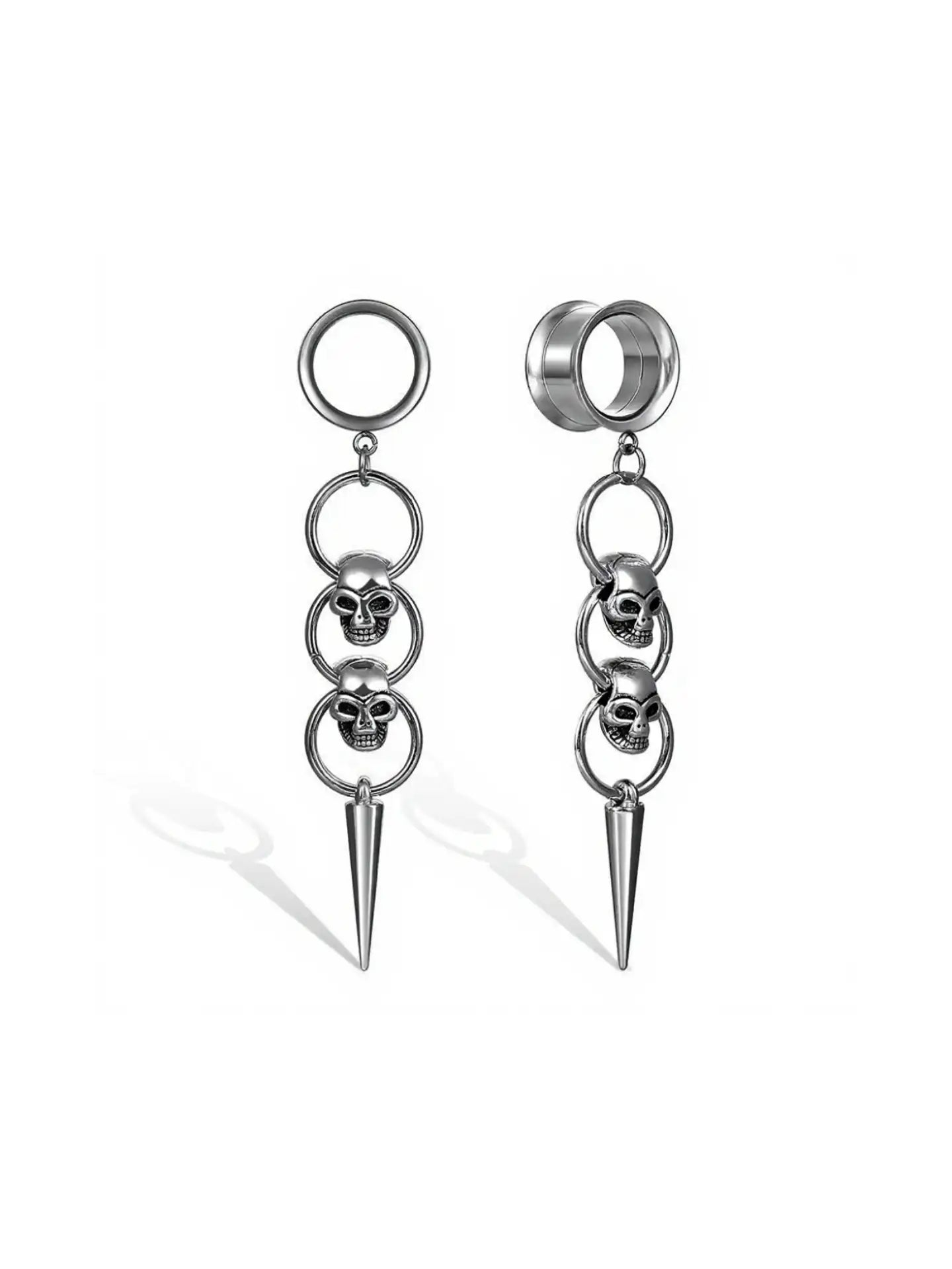 Triple Skull Spike Dangle Ear Tunnel Earrings