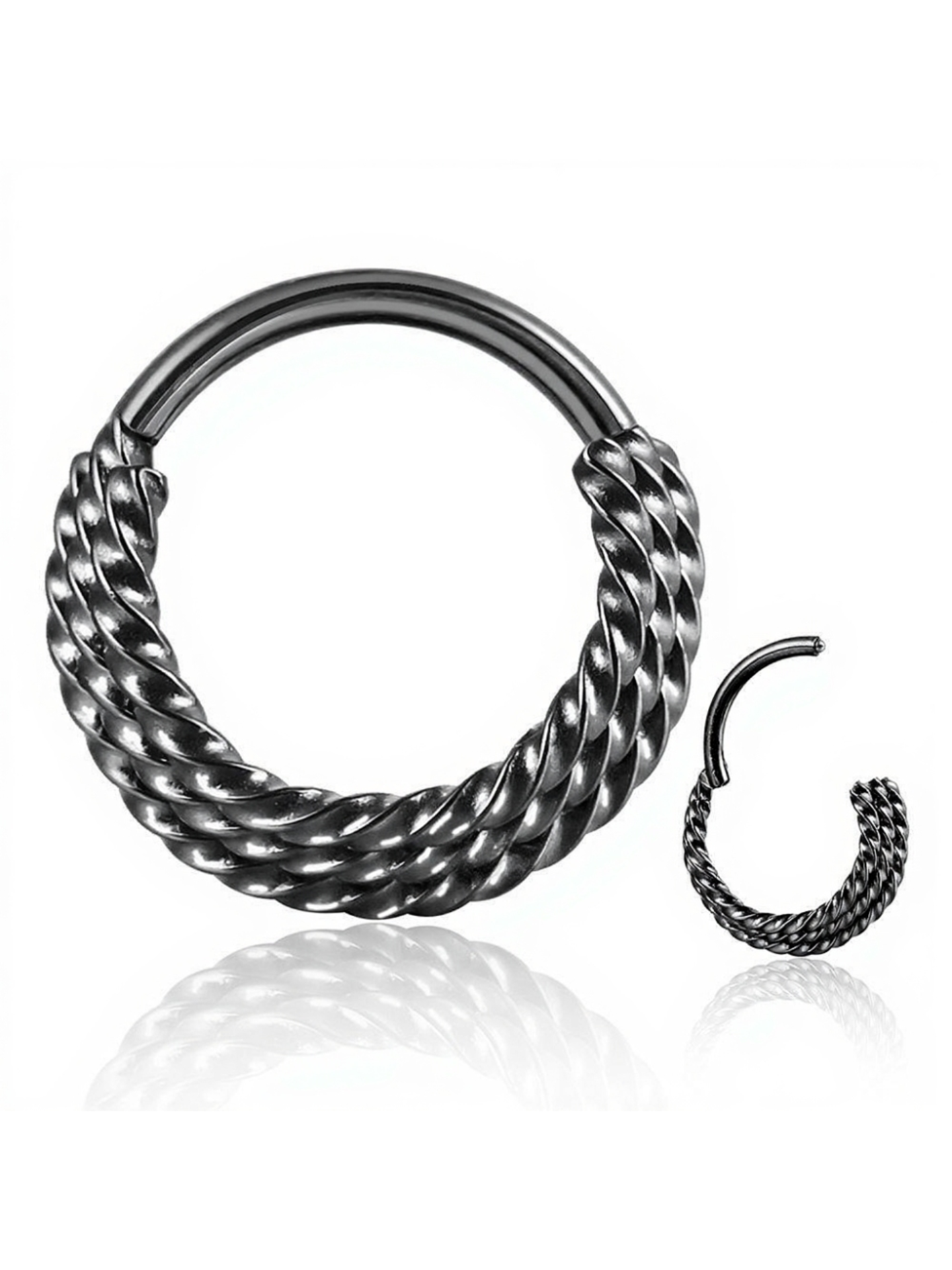 Twisted Rope Texture Clicker – Silver, Gold & Black Piercing Hoop