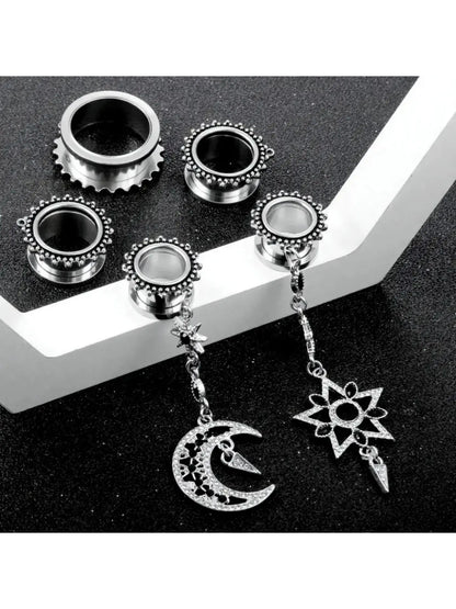 Boucles d'oreilles tunnel pendantes célestes – Motif soleil, lune et étoile 🌙