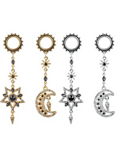 Boucles d'oreilles tunnel pendantes célestes – Motif soleil, lune et étoile 🌙