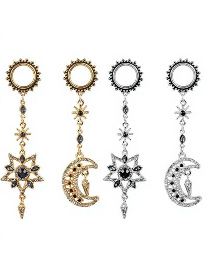 Boucles d'oreilles tunnel pendantes célestes – Motif soleil, lune et étoile 🌙