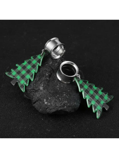 Boucles d'oreilles tunnels pendantes sapin de Noël à carreaux verts – Couleur argent 🎄