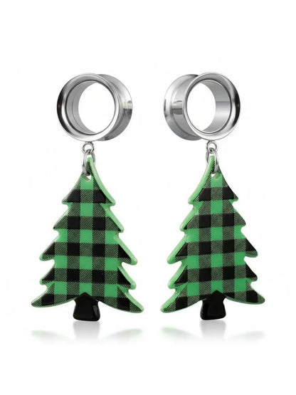Boucles d'oreilles tunnels pendantes sapin de Noël à carreaux verts – Couleur argent 🎄