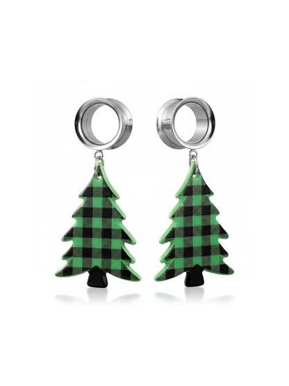 Green Plaid Christmas Tree Dangle Tunnels Earrings– Silver color