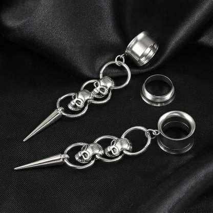 🖤 Triple Skull Spike Dangle Ear Tunnel Earrings
