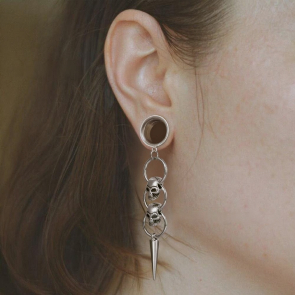 🖤 Triple Skull Spike Dangle Ear Tunnel Earrings