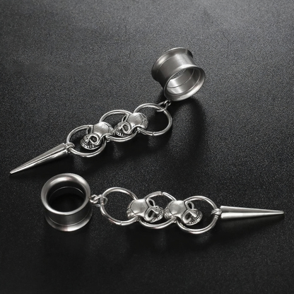 🖤 Triple Skull Spike Dangle Ear Tunnel Earrings
