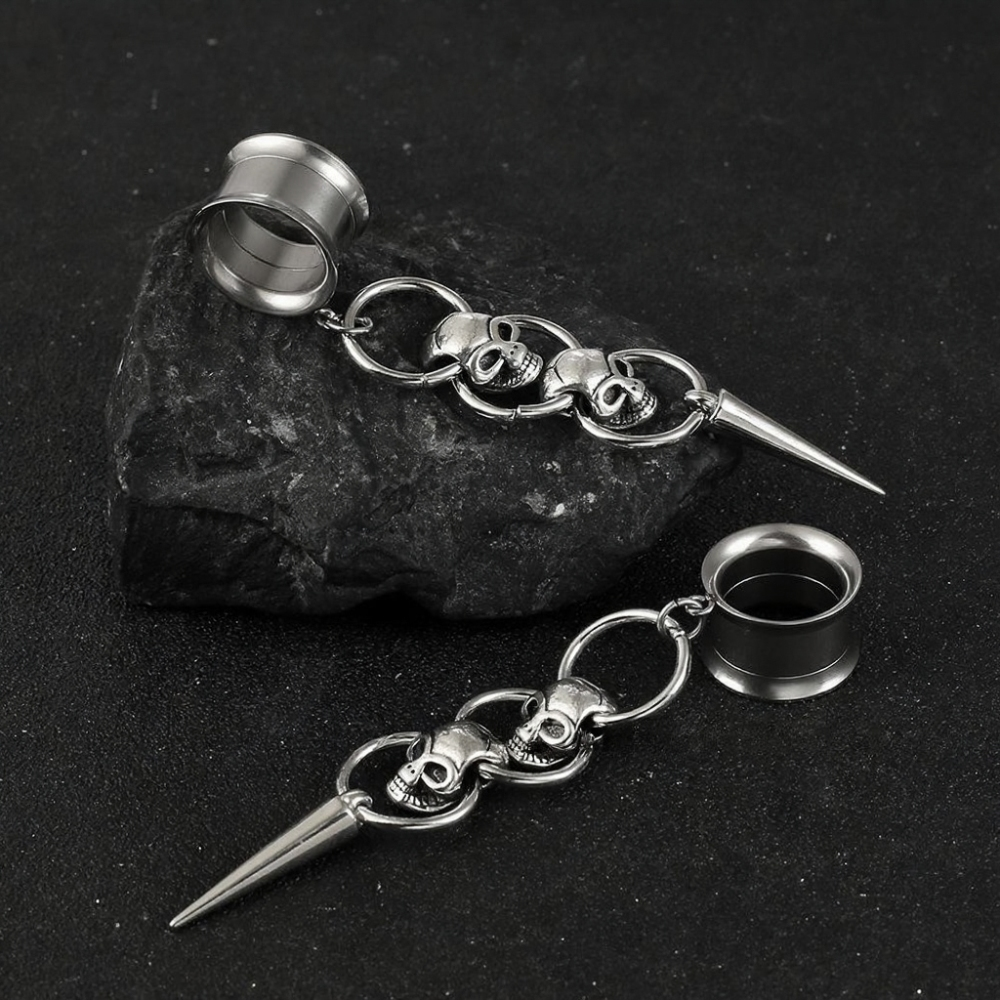 🖤 Triple Skull Spike Dangle Ear Tunnel Earrings