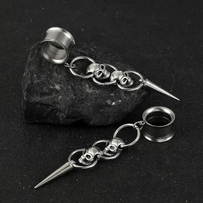 🖤 Triple Skull Spike Dangle Ear Tunnel Earrings