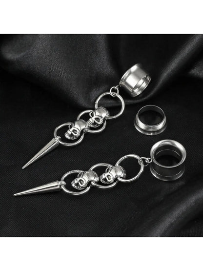 🖤 ​​Boucles d'oreilles tunnel à triple pointe en forme de crâne