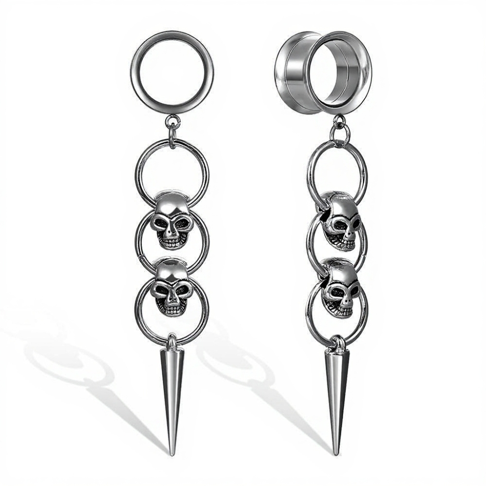 🖤 Triple Skull Spike Dangle Ear Tunnel Earrings
