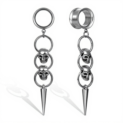 🖤 Triple Skull Spike Dangle Ear Tunnel Earrings