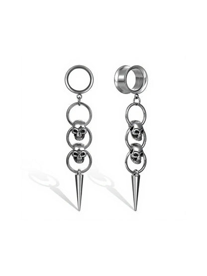 Triple Skull Spike Dangle Ear Tunnel Earrings