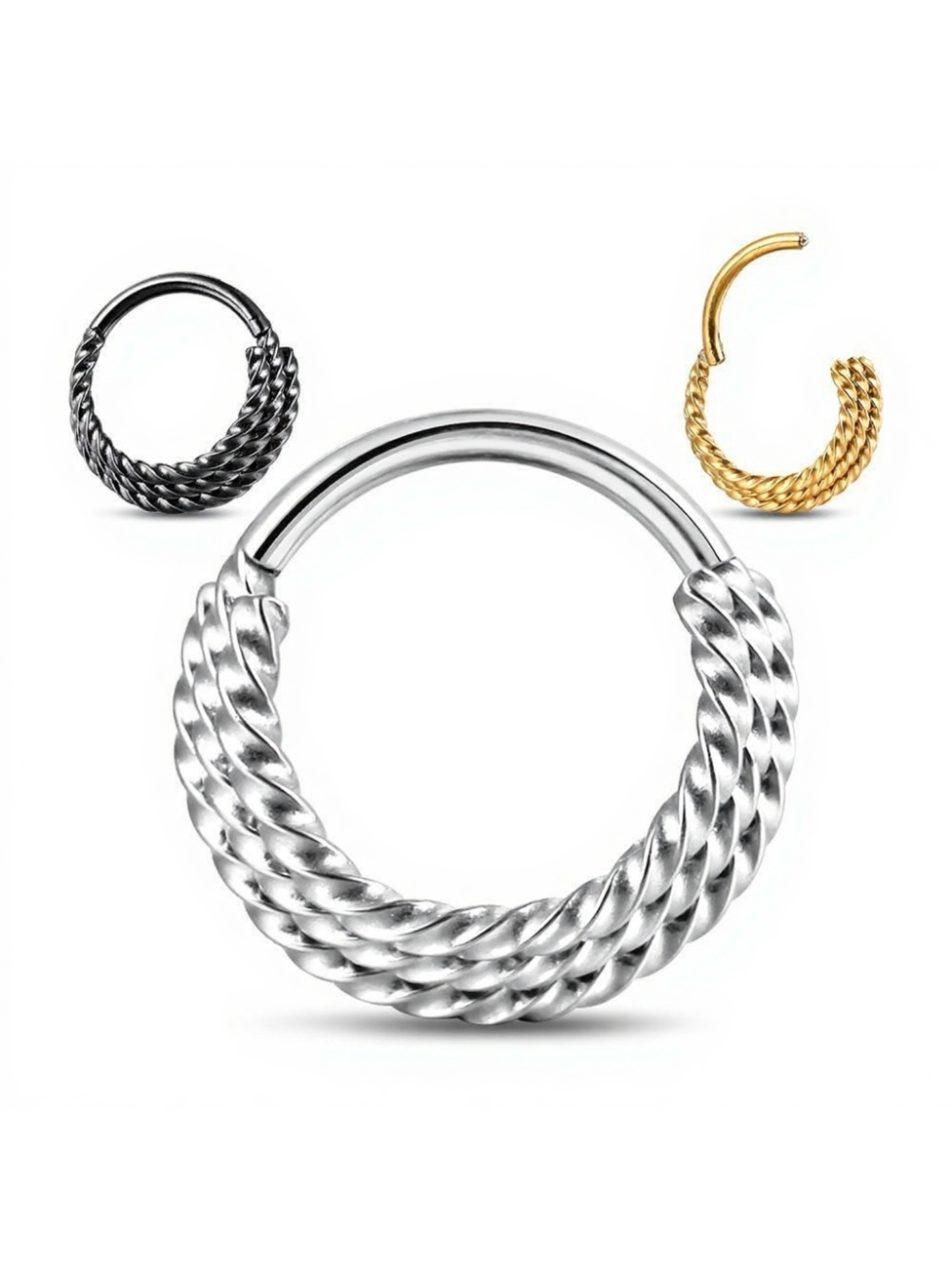 Klicker mit gedrehter Seilstruktur – Piercing-Hoop in Silber, Gold und Schwarz