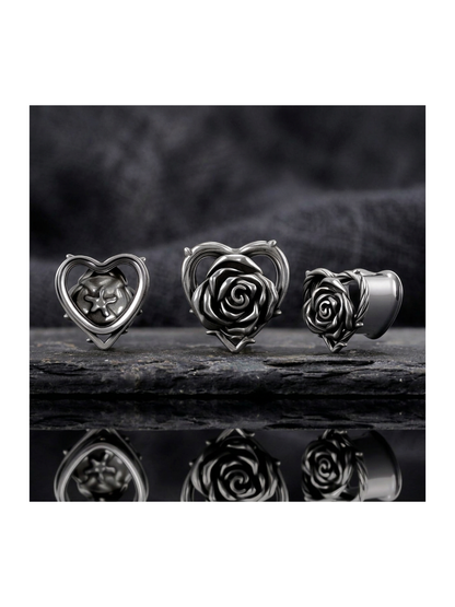 Vintage Rose Heart Stainless Steel Ear Tunnels