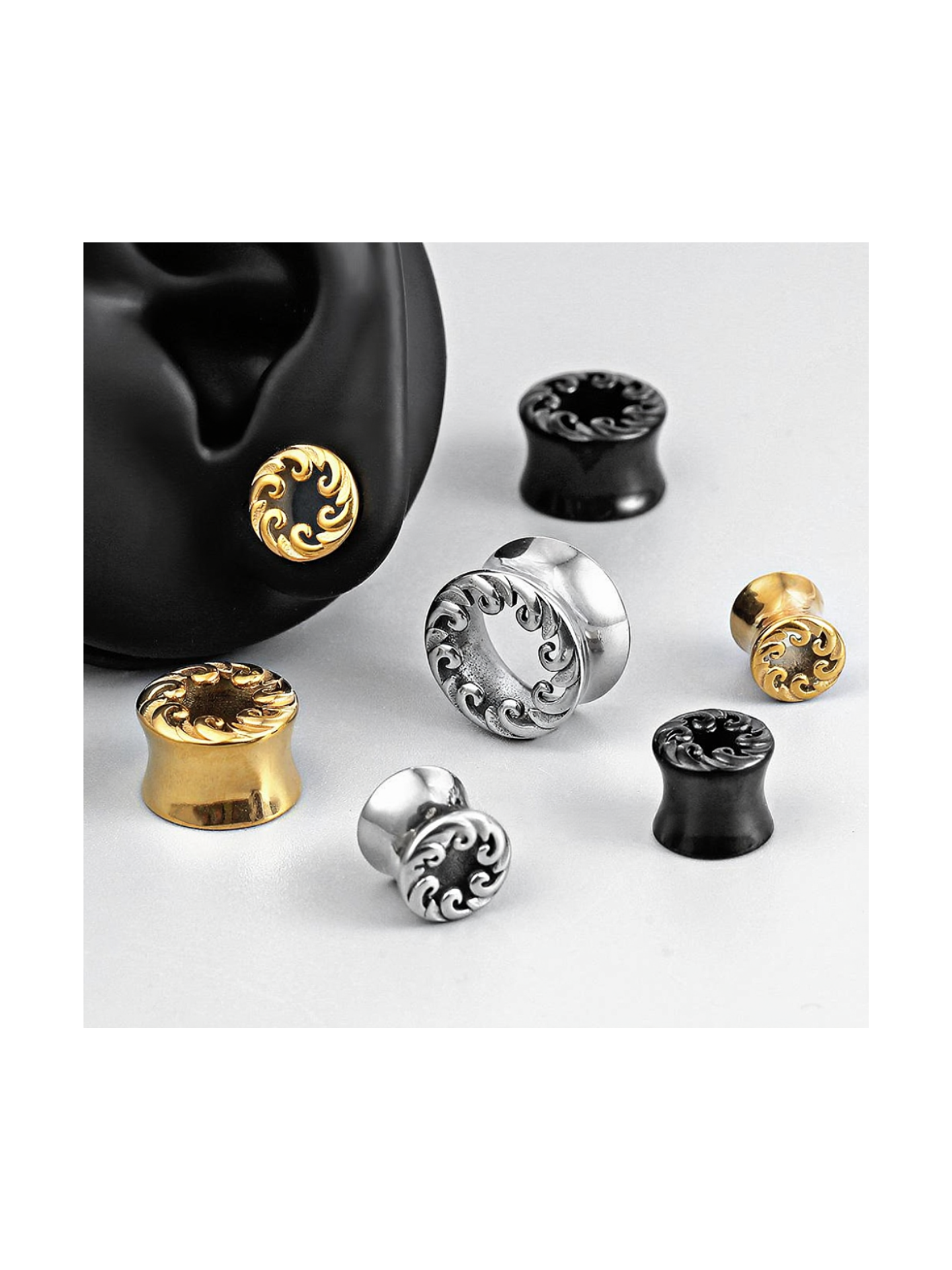Wave Pattern Stainless Steel Ear Tunnels – PVD Vacuum Plated