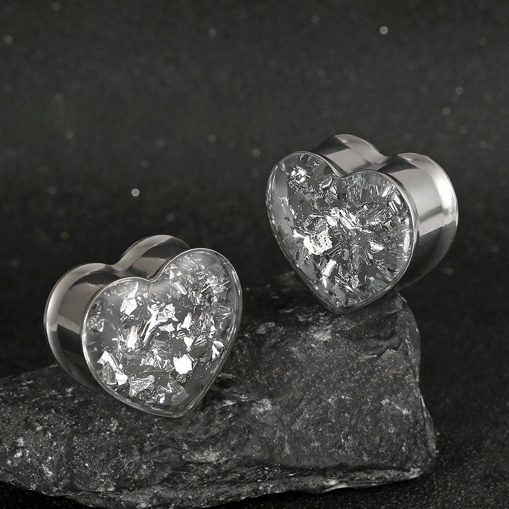 PunkPlugs Golden Foils / Silver Foils Heart - Shape Ear PlugsSilver0g (8mm) - PunkPlugs