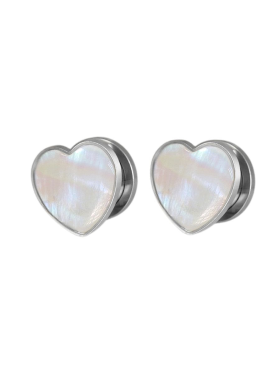 PunkPlugs Heart - Shape Pearl Threaded Ear Gauges PlugsSilver2g (6mm) - PunkPlugs