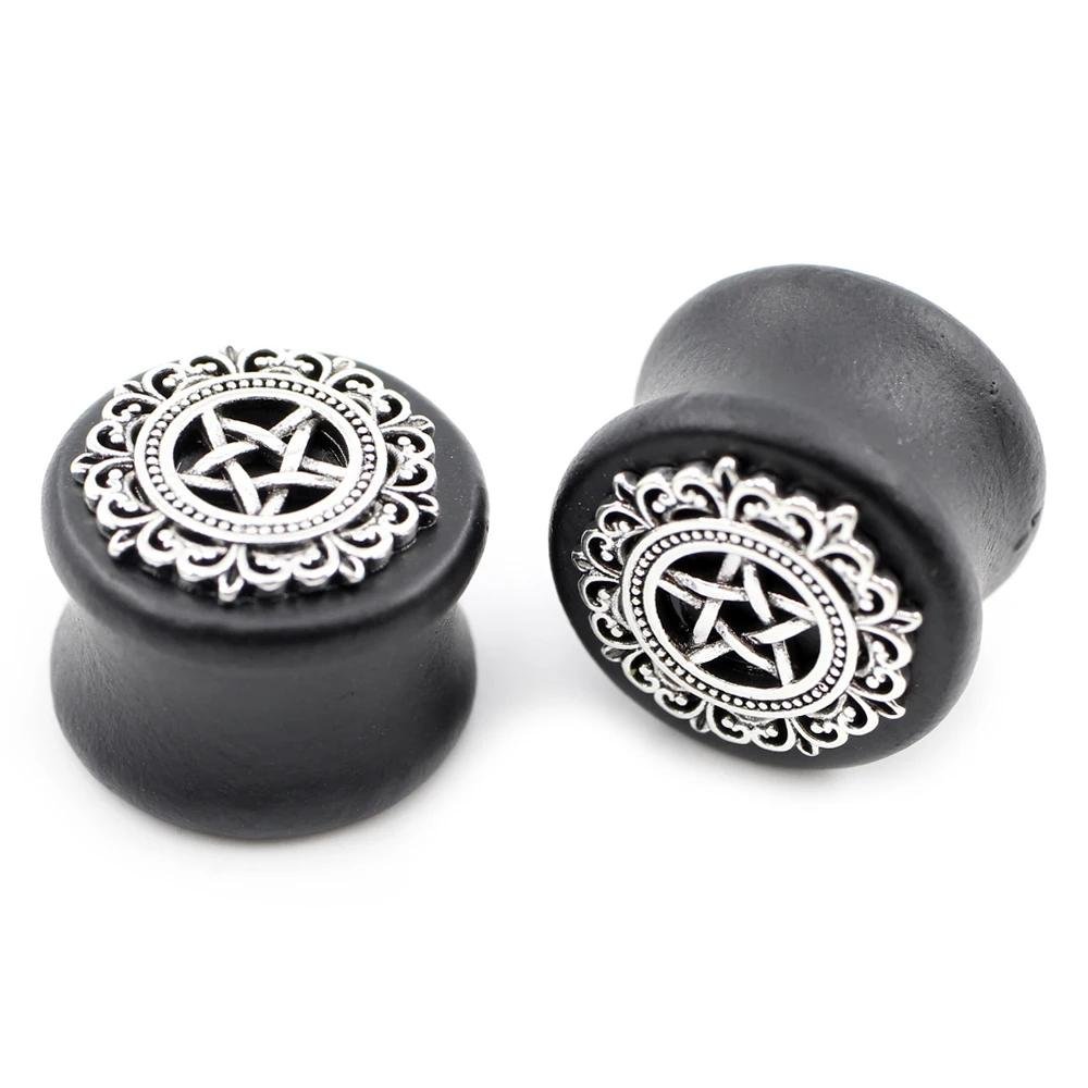 PunkPlugs Silver Star Sandalwood Ear Gauges Plugs2g (6mm)Black - PunkPlugs