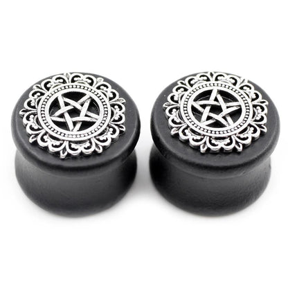 PunkPlugs Silver Star Sandalwood Ear Gauges Plugs2g (6mm)Black - PunkPlugs