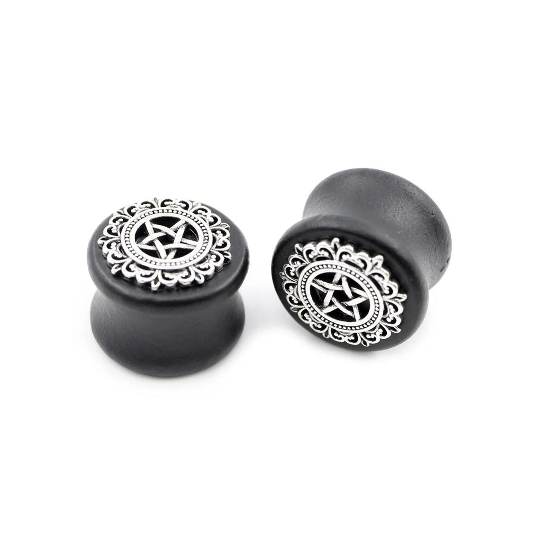 PunkPlugs Silver Star Sandalwood Ear Gauges Plugs2g (6mm)Black - PunkPlugs